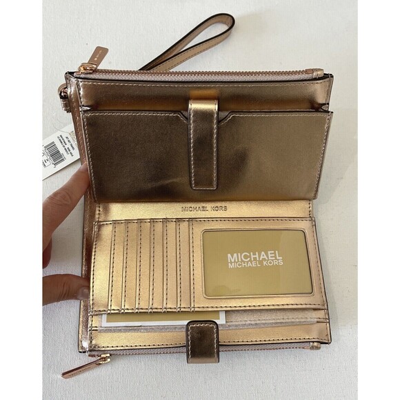 New Michael Kors Jet Set Travel Double Zip Wallet PVC Rose Gold - Picture 5 of 6